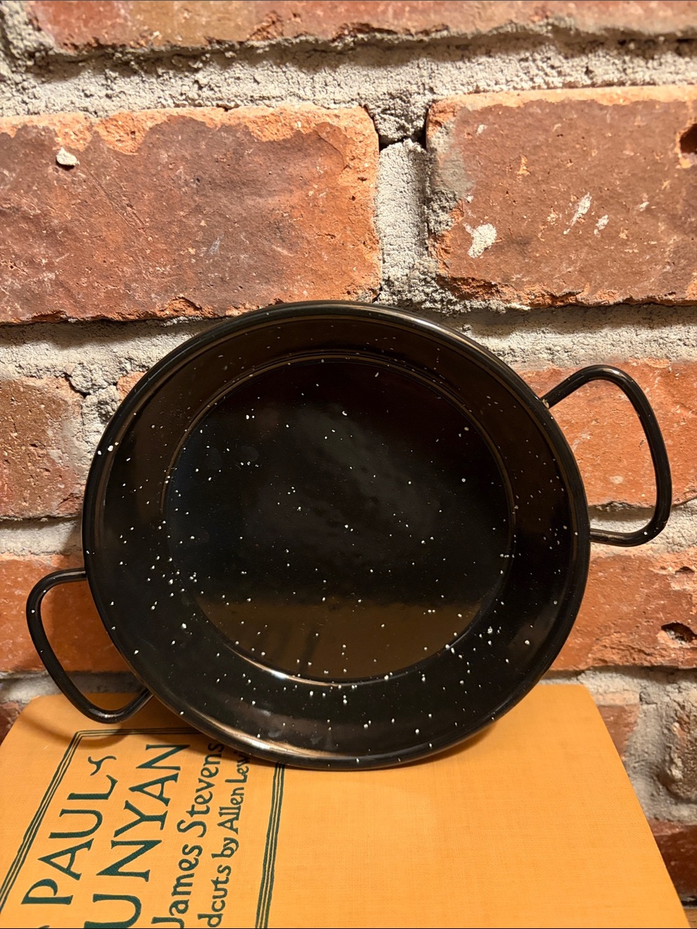 VINTAGE Small Black Speckled Enamelware Double Handled Pan